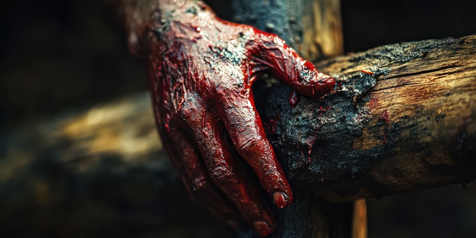 Hand stained with red substance gripping a weathered wooden structure outdoors in a dramatic, moody setting